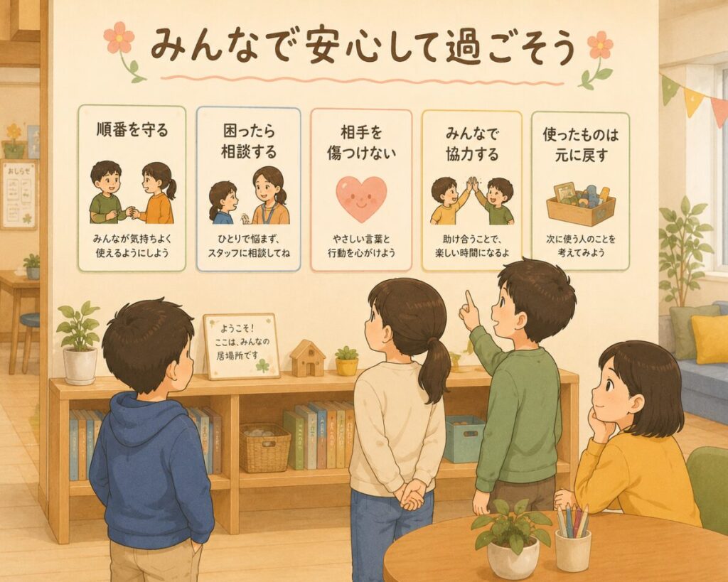 こどもたちが居場所のルールを確認している画像
