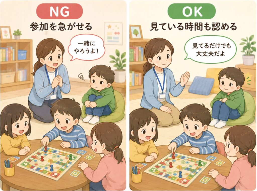 場に参加しないこどもへのNG・OK対応の比較画像