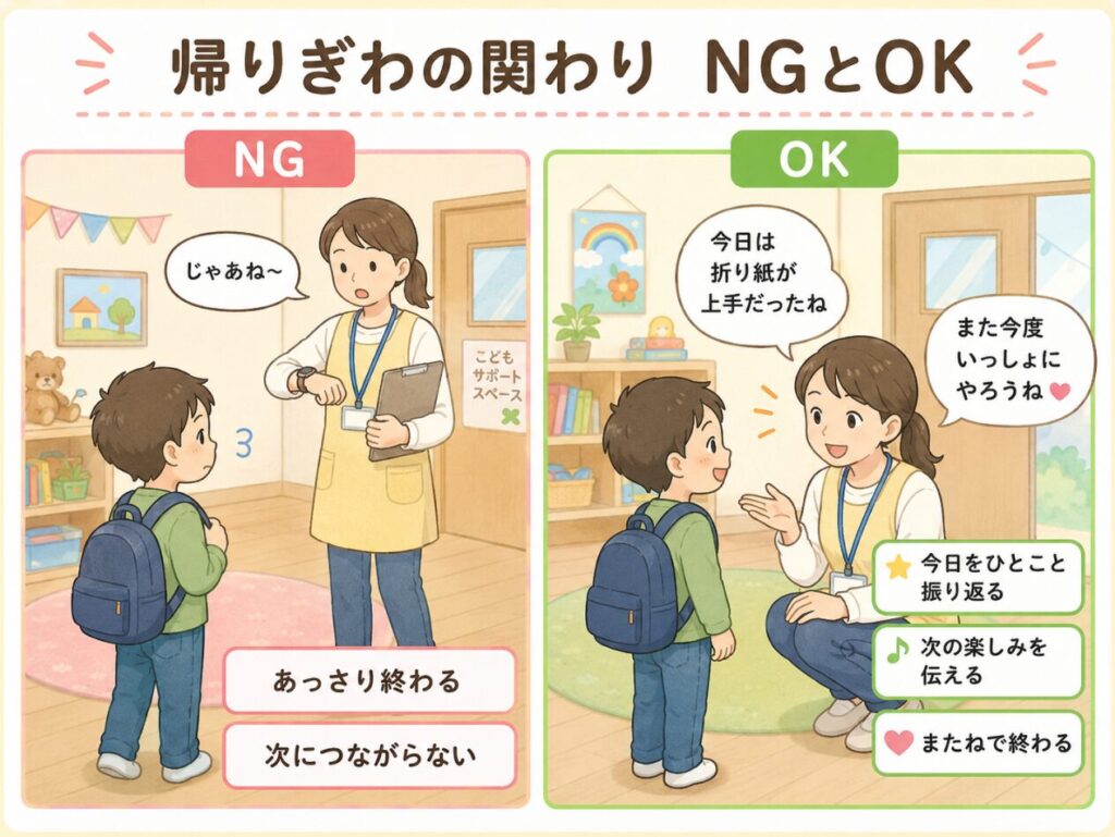 居場所での帰り際のこどもとの関わり方を表現したイラスト