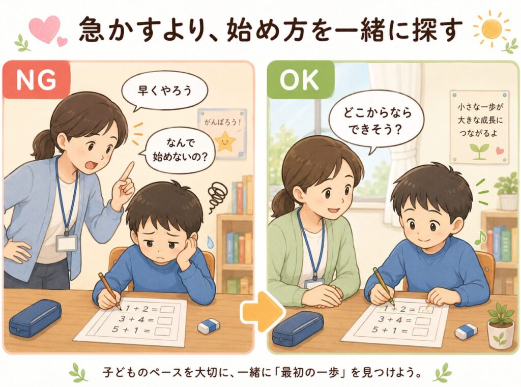 勉強への導入のNGとOKを比較したイラスト